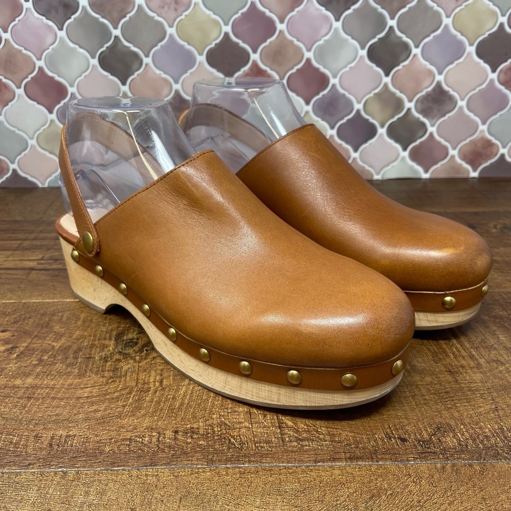 J. Crew Convertible Leather Clogs Slingback Studded Wooden Platform Heel Shoes